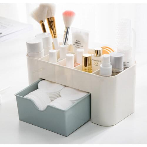 Pink Blue Green Plastic Makeup Organizer Make Up Brush Storage box with Drawer Cotton Swabs Stick Storage case escritori