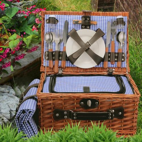 Wicker Picnic Basket Outdoor Camping Lunch Box Set Suitable for 2/4 People Ice Bag Insulation Portable Picnic Bag with Cutlery