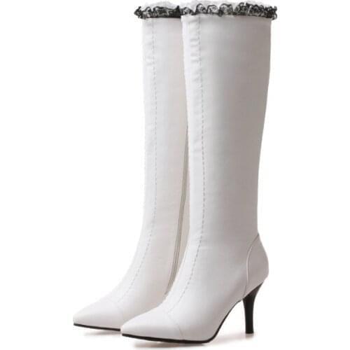 Big Size 9 10 11-17 thigh high boots knee high boots over the knee boots women ladies boots Lace side zipper pointed heel