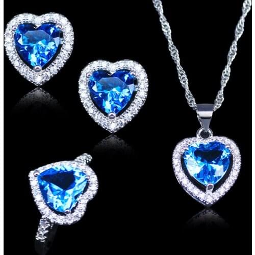Silver Color Jewelry Sets For Women Heart Love Sky Blue Crystal White Zircon Rings necklace earrings Pendant Romantic