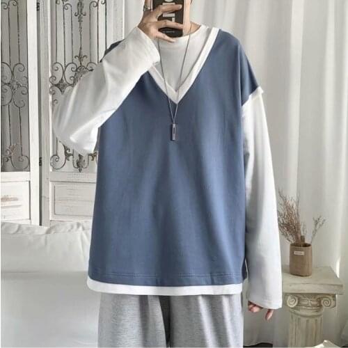 Sweatshirt Men Spring Summer 2021 New Fake Two Solid Color Long Sleeve T-shirts Clothing Hoodies Women Loose College Cotton