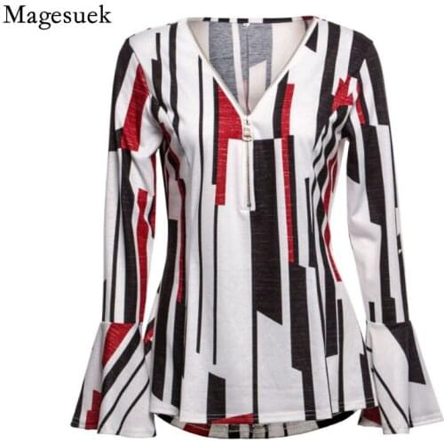 Fashion V-neck European Contrast Color Autumn Splicing Shirt Women Printing Flare Sleeve T-shirt Zipper Pullover Blouse 12417