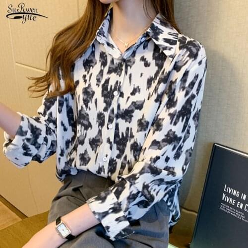 Leopard Vintage Woman Shirt 2021 Autumn Loose Long Sleeve Women Blouse Streetwear Print Korean Clothes Office Lady Blusas 10543