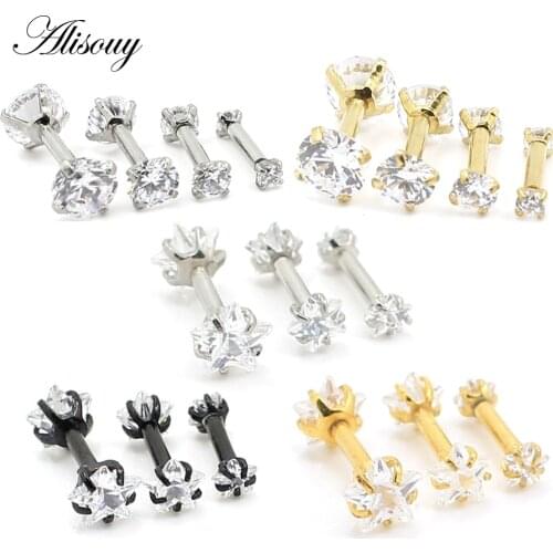 Alisouy 2 pcs 16G trendy Piercing Barbell Ear Cartilage Tragus Helix Stud Double Star Round Square Zircon Women Stud earrings