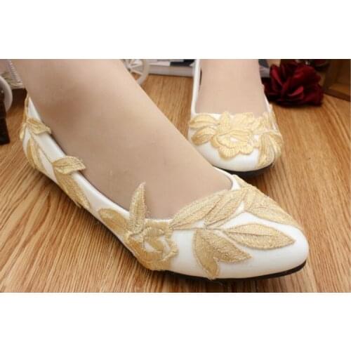 Flat gold leaves flowers party shoes woman HS071 handmade ladies lady womans gold wedding shoes flat heel