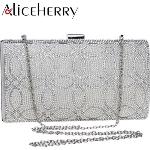 Female Clutch Box Crossbody Bag Luxury Handbags Diamond Evening Bag Pearl Banquet Party Wedding Purses Gold Silver