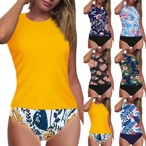 Womens Swimming Suit 2021 Black Tankini High Waist High Neck Halter Tummy Control Two Piece Swimsuit Tank Top Print Swimwear