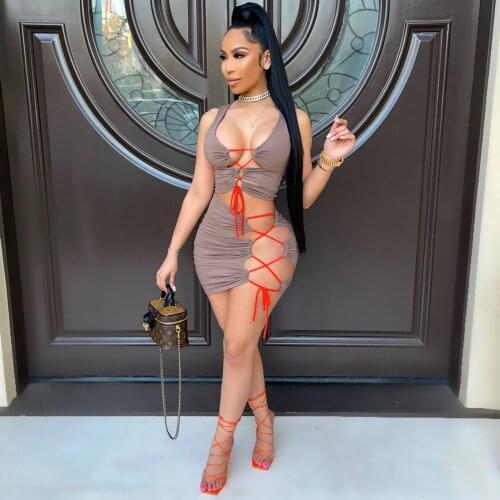 Womens Summer Cut Out Ruched Mini Dress Sexy V Neck Sleeveless Bodycon Lace Up Bandage Beach Club Party Dress Women Robe Femme