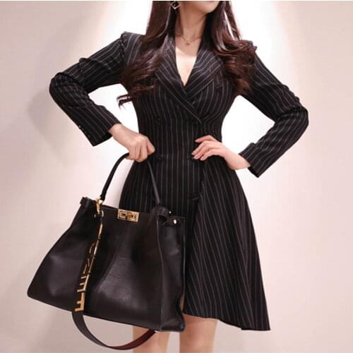 Formal Office Ladies Striped Irregular Dresses Women Mini Dress Turn-down Collar Slim Waist Patchwork Female Blazer Dress
