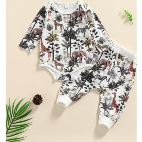 2pcs Set Baby Boy’s Clothes Fresh Forest Animals Printed Long Sleeve Romper Long Pants Fall Spring Babys Sets