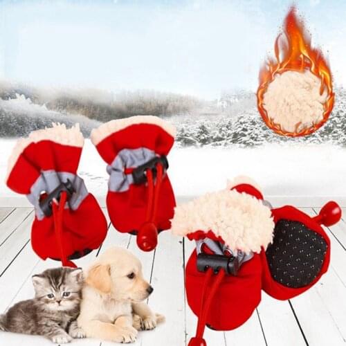 4pcs Antislip Puppy Shoes Pet Paw Protecter Thicken Fleece Warm Soft-soled Pet Dog Shoes Winter Prewalkers Pet Paw Care Supplies