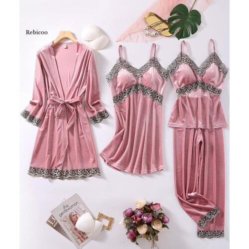 4pcs Gold Velvet Pajamas Set Sleepwear Womens Home Clothes Robe Sets Winter Sleepwear Warm Pajamas Nightwear