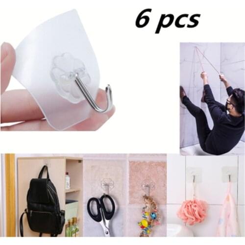 6Pcs Transparent Strong Self Adhesive Door Wall Hangers Towel Mop Handbag Holder Hooks For Hanging Kitchen Bathroom Accessories