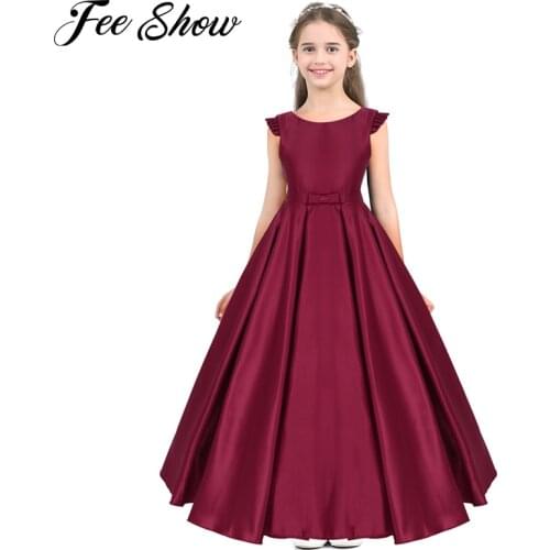 Kids Girls Satin Ruffled Fly Sleeves Bowknot Flower Girl Dress Princess Pageant Wedding Bridesmaid Birthday Party Dress