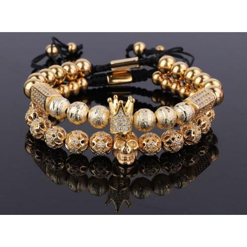 2pc/set Luxury Men Bracelet Jewelry CZ Pave Ball Crown Charm Stainless Steel Skull Beaded Cord Adjustable Bracelet Men