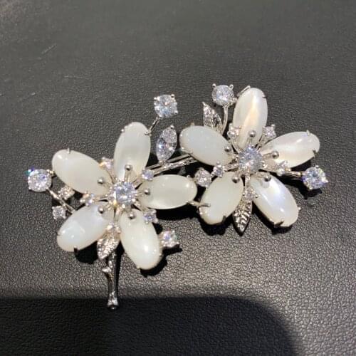 Natural shell flower brooch double flowers copper with cubic zircon fashion women jewelry free shipping