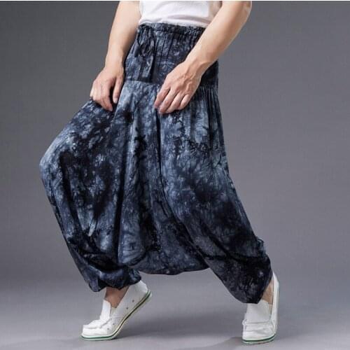 Summer New Style Catch Dyed Trousers Cotton Linen Country Tide Chinese Literature Art Style Loose Big Crotch Pants Elastic Waist