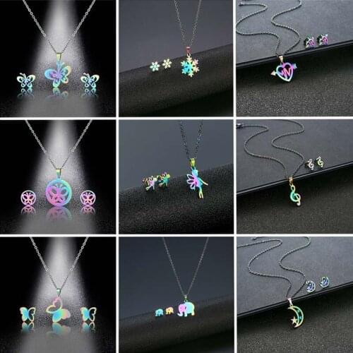 Jisensp Classic Rainbow Color Music Note Jewelry Sets Vintage Butterfly Fairy Pendant Necklace Earrings for Women Wedding Gift