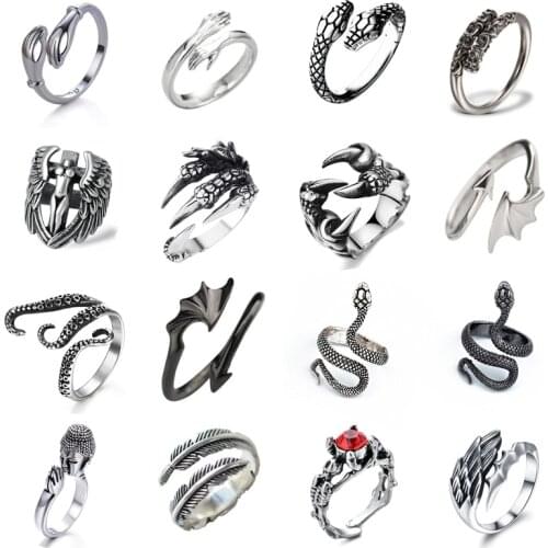 Ring For Men Girls Women Adjustable Black Snake Ferocious Animal Fashion Smiling face Arrow Buddha dragon Punk hip hop Jewellery