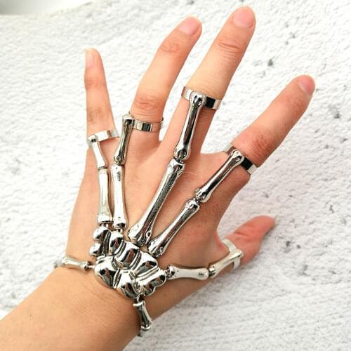 Punk Skeleton Five Fingers Rings For Women Men Adjustable Size Hand Bone Hip Hop Steampunk Rings Fashion Jewelry Halloween Gifts