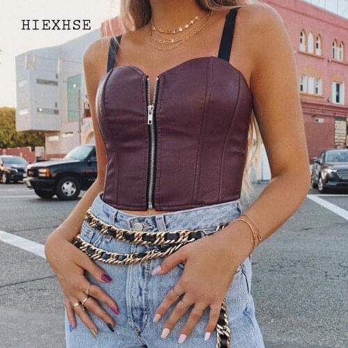 Leather Tanktops Women 2021 Spring Sexy Patchwork Retro INS Style Zipper PU Leather Vest Corset Sun-Top Harness Womens Tops Tee