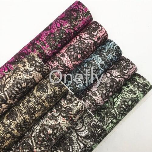Onefly Chunky Glitter Leather, Black Lace Flowers Printed on Glitter Fabric Sheets For Bow DIY handbags shoes FZ001