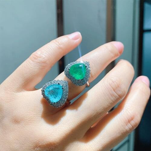 MIQIAO S925 Sterling Silver Love Heart Stone Full Zircon Luxury Crystal Tourmaline Vintage Boho Rings for Women Wedding Jewelry