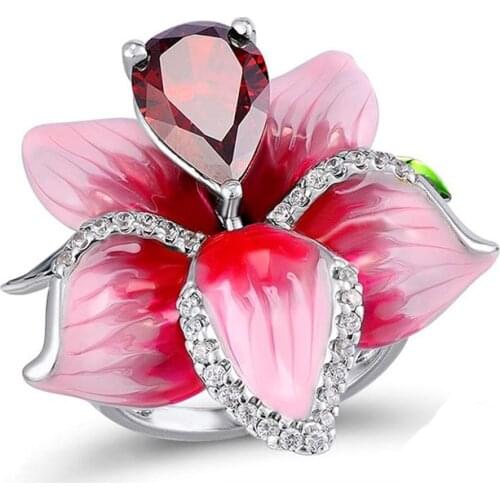 New Silver Color Pink Rose Flower Rings for Women Water Drop Red Crystal Zircon Ring Female Wedding Engagement Jewelry
