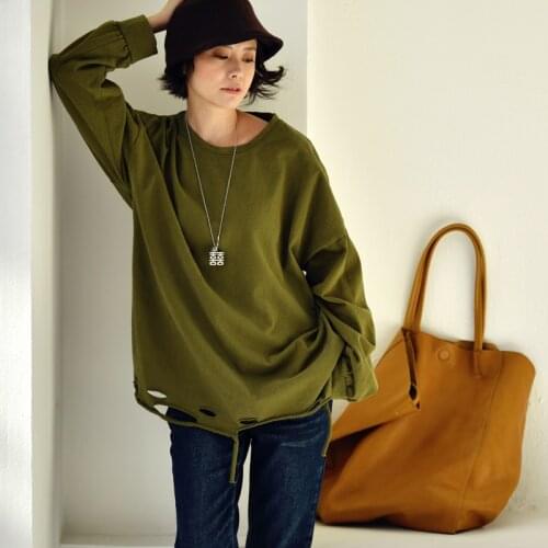 MICOCO T7025C Casual literary Do old feeling personality hole Thickening of the cotton T-shirt with round neck and bottom