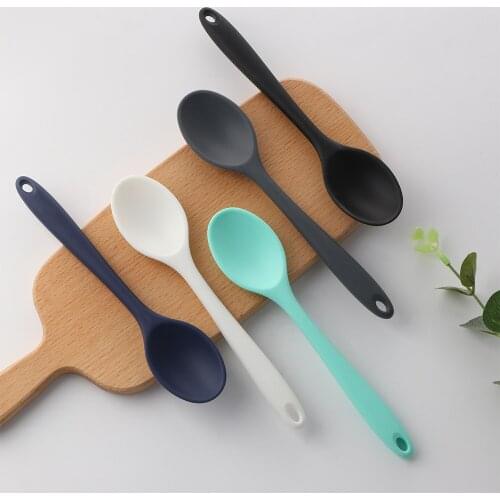Silicone Long-handled Soup Spoon Solid Color Kids Spoon Kitchen Silicone Spoon Flatware Utensils Accessories