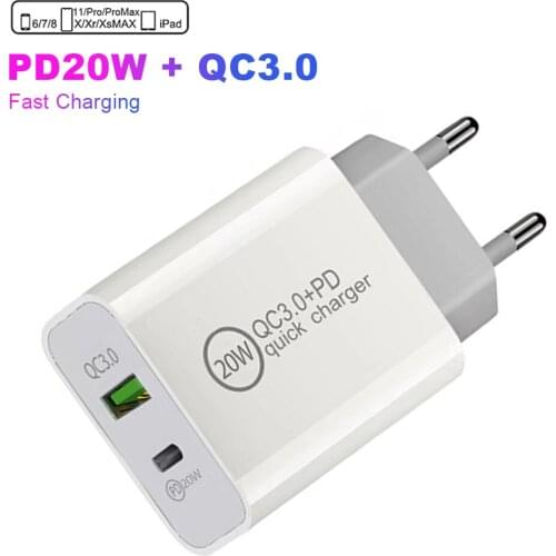 20W Type C Charger For iPhone 12 Pro Max Mini Quick Charge 3.0 QC PD 20W USB-C Fast Charging Travel Wall Charger EU Plug