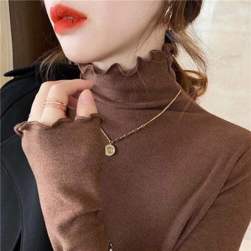 Woman Tshirts Womens Turtleneck T-shirt with Wooden Ears Tops Mujer Camisetas