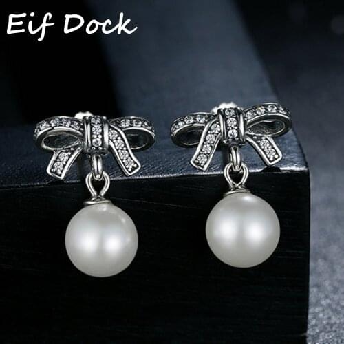 Eif Dock Earrings For Women Silver Color Bowknot Dangle Earrings AAA+ Cubic Zirconia Elegant Female Party Jewelry Best Gift