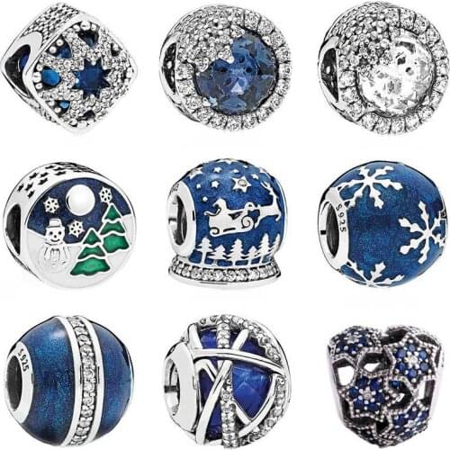 QANDOCCI Royal Blue Galaxy Dazzling Snowflake Snowy Wonderland Glacial Charm Fit Pandora Bracelet 925 Sterling Silver Jewelry