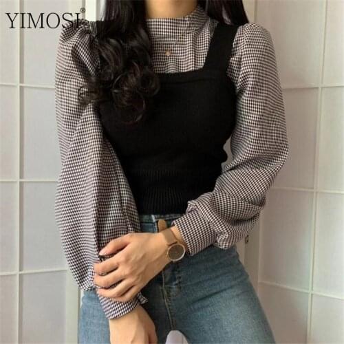 2020 Korean Plaid Shirts Two Piece Set Women Long Sleeve Slim Blouses And Knitted Short Vest Elegant Turtleneck Office Tops