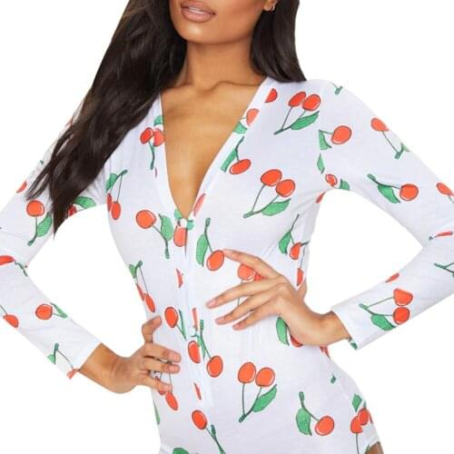 Womens Pajamas Romper, Summer Boxer, Cloud Dot Printed Long Sleeve Loose Nightclothes Buttons Sleeping Wear