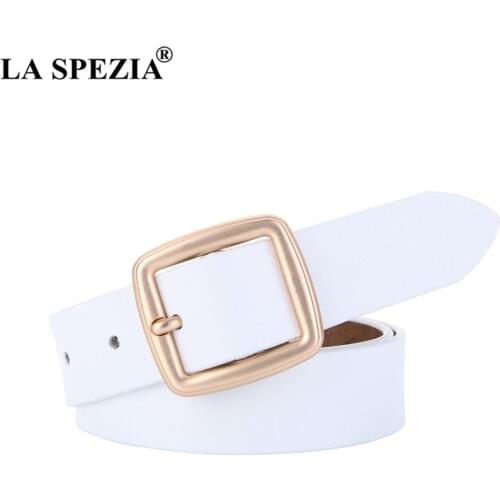 LA SPEZIA Women Belt Genuine Leather White Waist Belt Pin Buckle Cowskin Women Leather Belt for Trousers Accessories 105cm 110cm