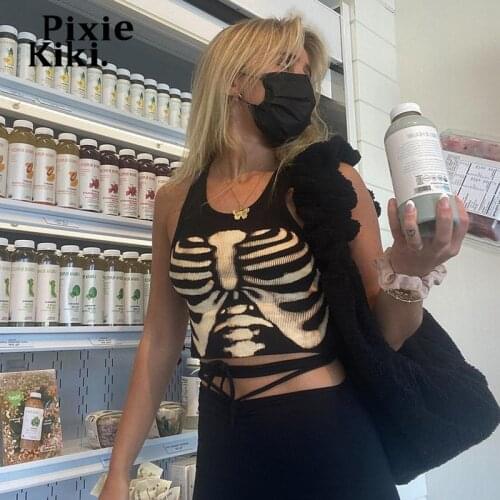 PixieKiki Skeleton Print Balck Mall Goth Crop Top Women Cyber Y2k Grunge Clothes Sexy Summer Ribbed Graphic Tank Tops P67-BZ10