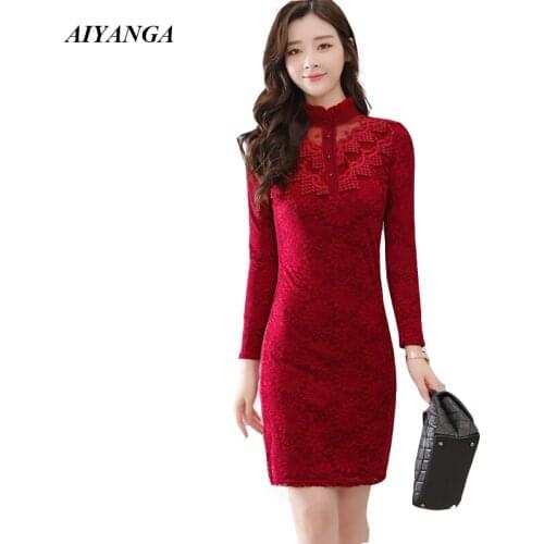 New Women Plus velvet Lace Dress 2018 Autumn Winter Long Sleeve Stand Slim package Hip Pencil Dresses Elegant lady Stand Collar