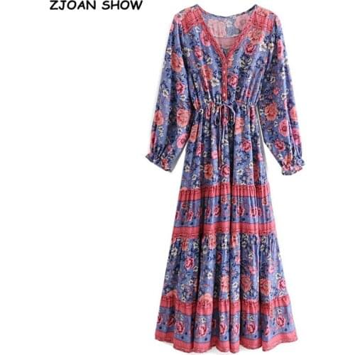 2021 Bohemia Buttons V neck Blue Colored Floral Print BOHO Long Sleeve Dress Woman Adjust Bow Lacing up Waist Holiday Dresses