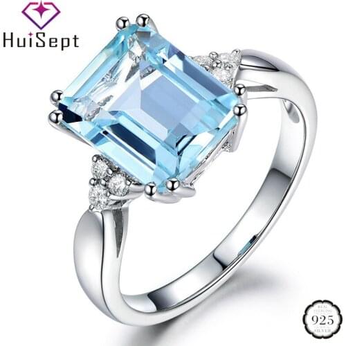 HuiSept Women Ring Silver 925 Jewelry Accessories Rectangle Sapphire Zircon Gemstone Finger Ring for Wedding Engagement Ornament