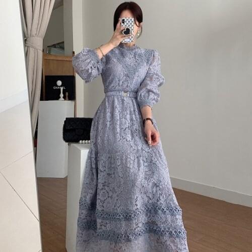 2021 New Spring Summer Elegant Lace Dress Sweet Hollow Out Slim Long Sleeve Maxi Dresses for Women Solid Pleated Party Vestidos