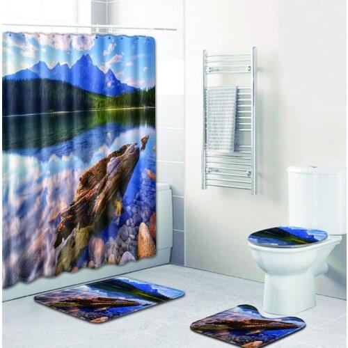 Scenic Printed Bath Mat and Shower Curtain Set Microfiber Soft Toilet Foot Mat Bathroom Shower Mat Carpet Rugs for Bathroom Set