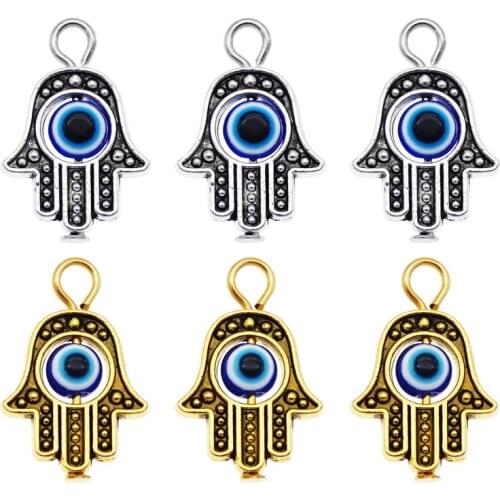 Julie Wang 8PCS Small Fatima Hand Charms Evil Eye Hamsa Hand Pendant Bracelet Alloy Jewelry Making Accessory
