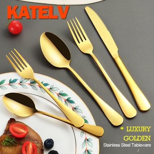5Pcs Gold Tableware Set Fork Spoon Knife Set Elegant Stainless Steel Cutlery Gold Dinnerware Set Luxury Cutlery Dessert fork