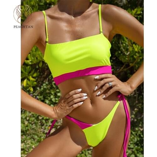 Peachtan Brazilian thong bikini set Patchwork swimwear female Bandeau swimsuit women String knot bathing suit swim suit biquini