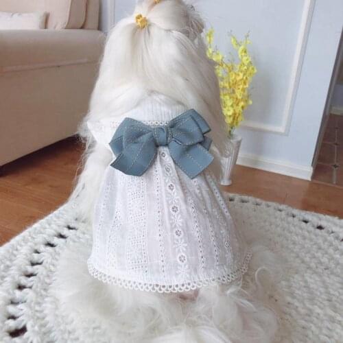 Noble White Dog Party Dress For Girls Summer Dress Blue Big Tie Bow Skirt Hollow Pet Clothes Puppy Cat Dresses For Evening Party