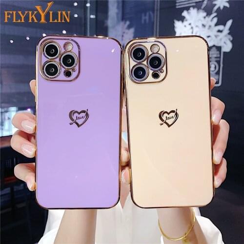 FLYKYLIN Plating Colorful Side Love Heart Phone Case For Coque iPhone 11 12 Pro X XR XS Max 7 8 Plus SE 2020 Soft Silicone Cover