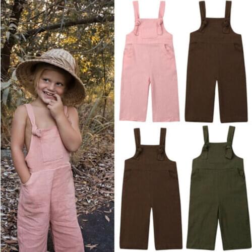 Focusnorm Toddler Kids Boys Girl 1-6Y Linen Jumpsuit Playsuit Solid Sleeveless Dungaree Overalls Outfits Clothes