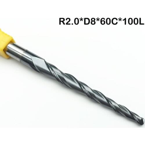 1PC R2.0*D8*60*100L*2F HRC55 Tungsten solid carbide Coated Tapered Ball Nose CNC Router Bit End Mills taper and cone endmills